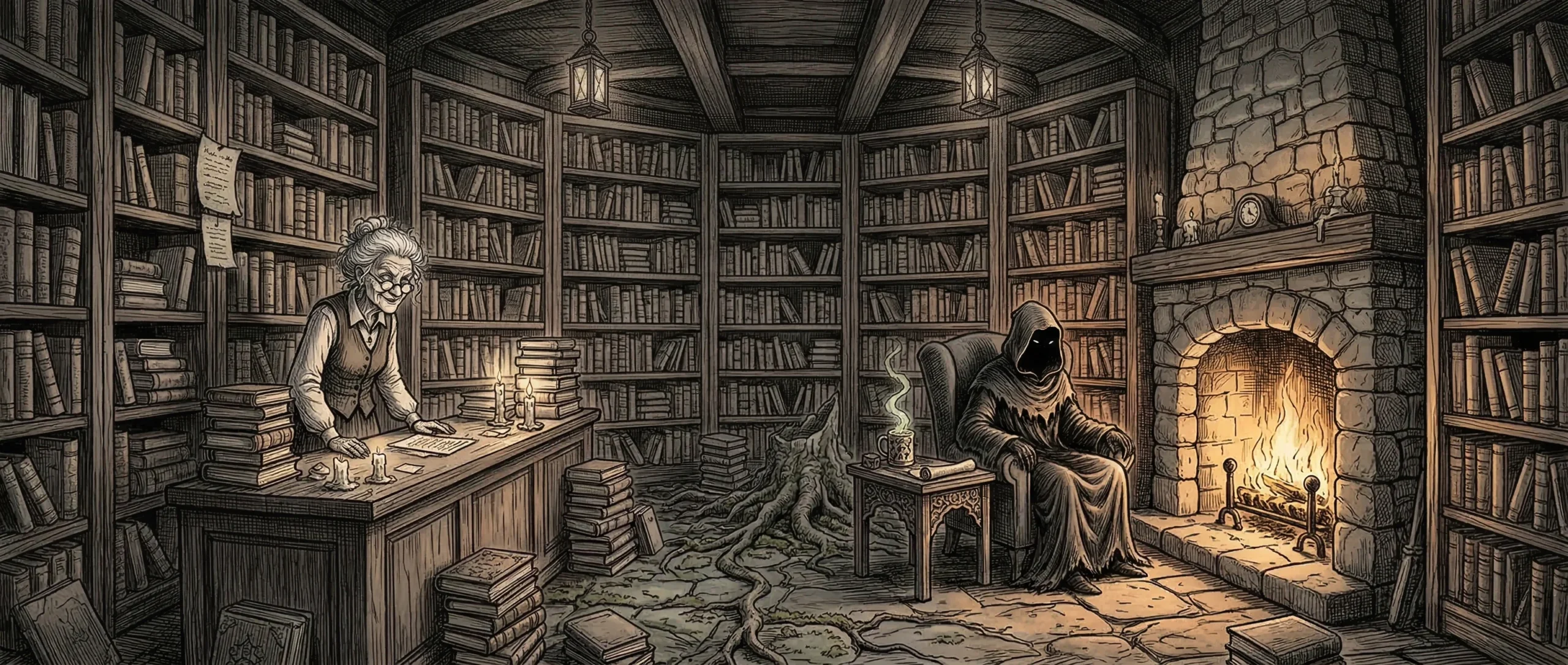 Inside the enchanted bookshop — warm shelves, a mysterious hooded figure, and a glowing cat